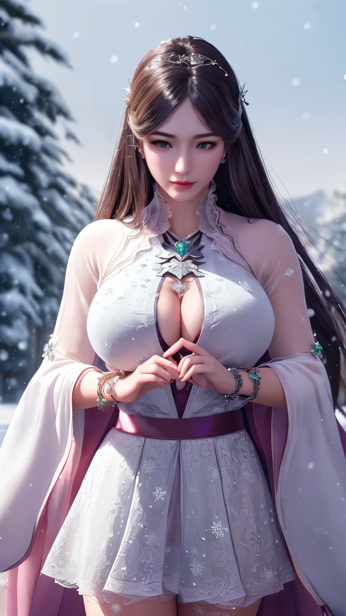 Ultra-realistic 8k CG, flawless, Clean, masterpiece, professional artwork, famous artwork, Cinema lighting, bloom, perfect face, pretty face, fantasy, dreamlike, illusory, Science fiction, lace, lace trim, lace-trimmed legwear, luxurious, jewelry, diamond, Kaneko, pearl, gem, 蓝gem, 红gem, emerald, intricate details, Exquisite pattern, charming, Tempting, Tempting, disciple, enchanting, hair accessories, necklace, earrings, bracelet, armband,halo,autumn,huge breast,expose breast,expose breast,Expose cleavage,Expose cleavage,See the breasts,Show breasts,
((,1 girl, Throw,best quality, )) , ((((1 girl, alone,outdoor, big breasts,,snowflakes, snow, snowing, plum bossom, ))))