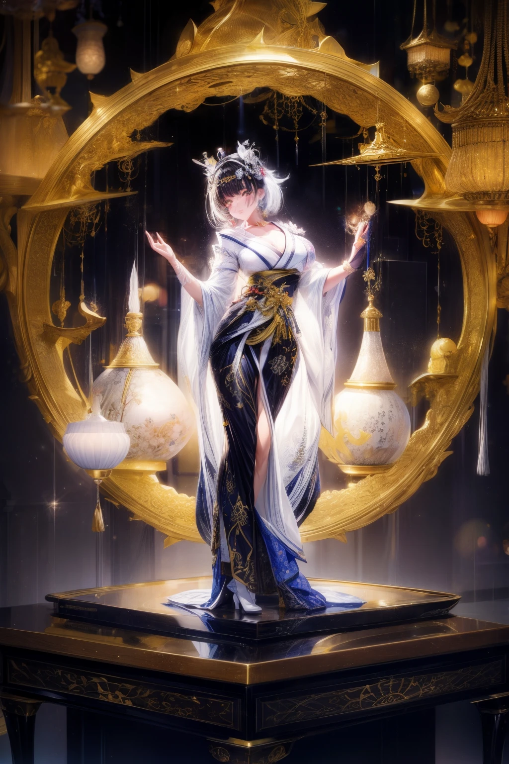 Photos of Japanese women in their 20s,Made of white and silver clear glass and plastic, geisha makeup, black hairstyle, Silver and gold metallic interior, dynamic poses, flowing organic structure, Meticulous carving, Lace design, Glowing golden circuit, 七彩neon decoration, Meticulous carving, Lace design, light emitting circuit, neon decoration, H'artistically.r. jiger, Greg Rutowski