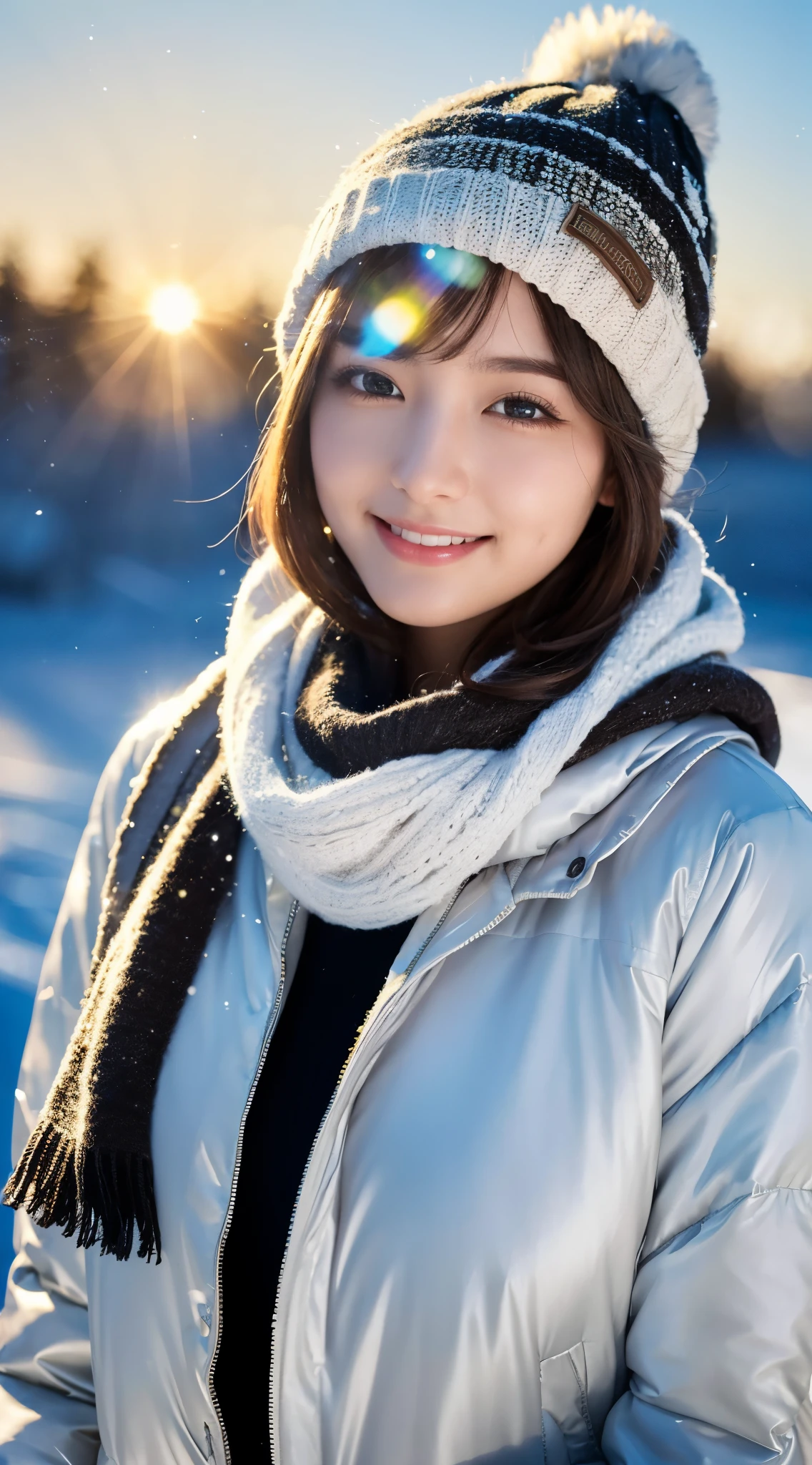 (highest quality,masterpiece:1.3,ultra high resolution),(Super detailed,caustics,8k),(photorealistic:1.4,RAW shooting),A silver world all around,snowfield,Diamond dust,Snow sparkling as it reflects the light,sunshine,Backlight,22 years old,cute,natural brown medium hair,knit hat,Smiling and looking at the camera,Scarf,big boobs,Down jacket,shot from the waist up,Natural light,professional writing