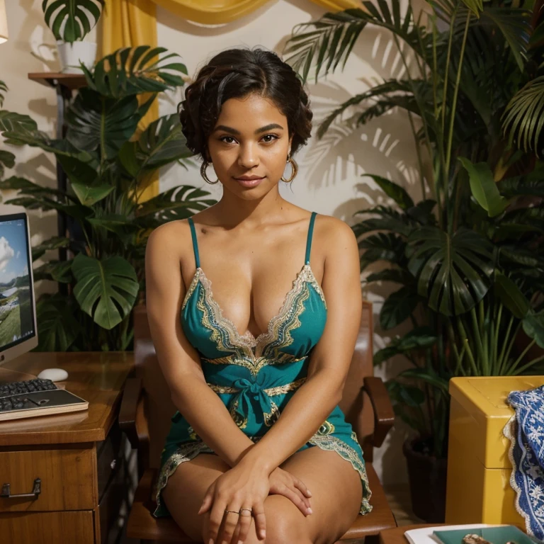 A Brazilian mulatto is a person with a rich ethnic heritage, often exhibiting a combination of African and European ancestry, with a range of skin tones and a vibrant culture that celebrates Brazil's racial and ethnic diversity, dressed in'a lace dress covered with the Shein brand in ocean blue colors and with a sea motif sitting behind a desk like a president and her hands come together and rest on the desk. Epaule et seins recouvert par la robe