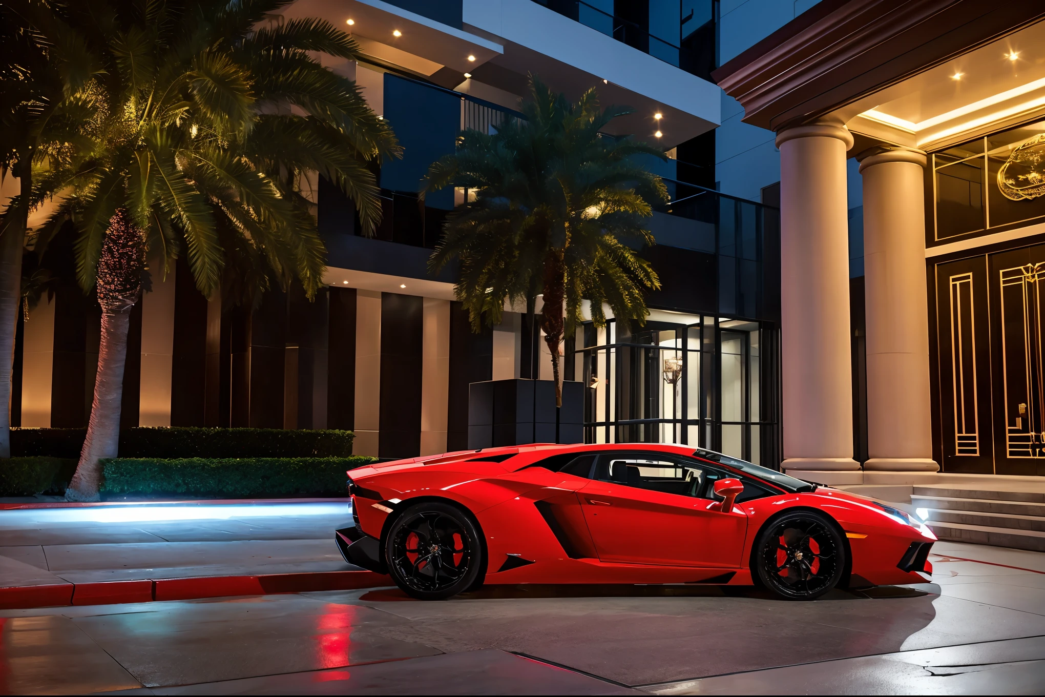 red lamborghini aventador　　precision and high quality　Very realistic three-dimensional feel　beautiful background　Street parking in front of the marble entrance of a super luxury resort condominium.　very beautiful lighting　beautiful street　stylish apartment　(shot from the side:1.3) very beautiful night light　After the rain　Wet ground