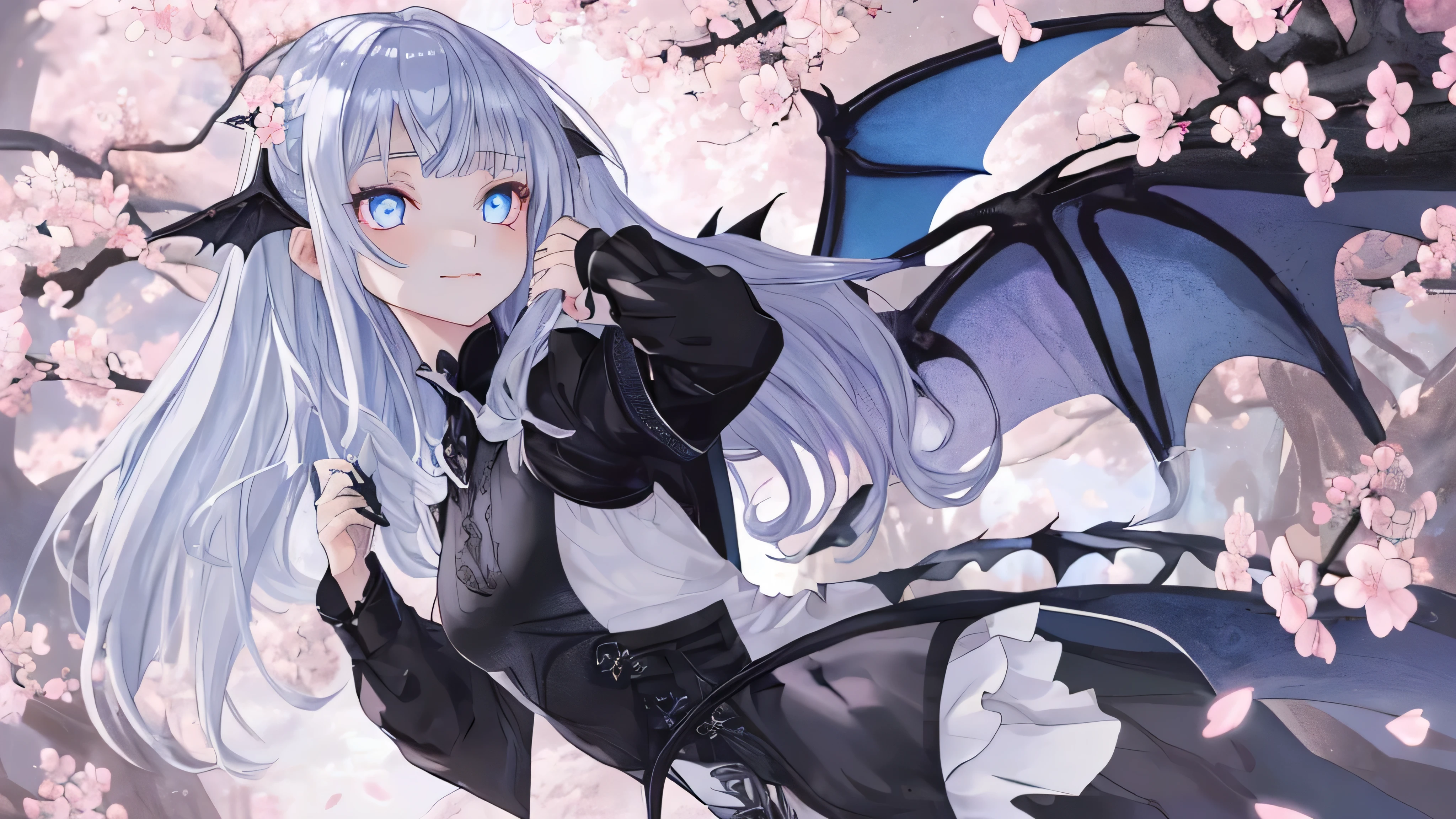 1 girl with dragon wings, silber langes Haar, blaue Augen, mittlerer Brustumfang, black clothig, Cherry Blossom