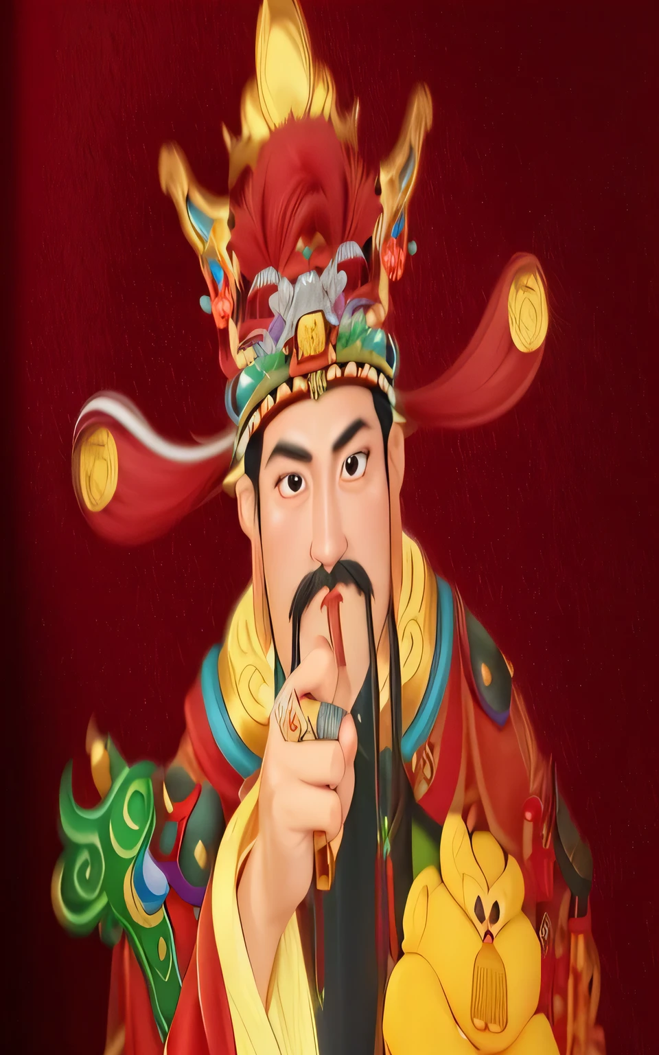 Close-up of cartoon character holding crutches, god of wealth, Guan Yu, Chinese mythology, Inspired by Hu Zaobin, bian lian, Inspired by Puhua, Monkey King, Chinese warrior, Peking Opera, bao pnan, Inspired by Wu Bin, chi-gong, Works by Hoang Tuong, nezha, hua cheng