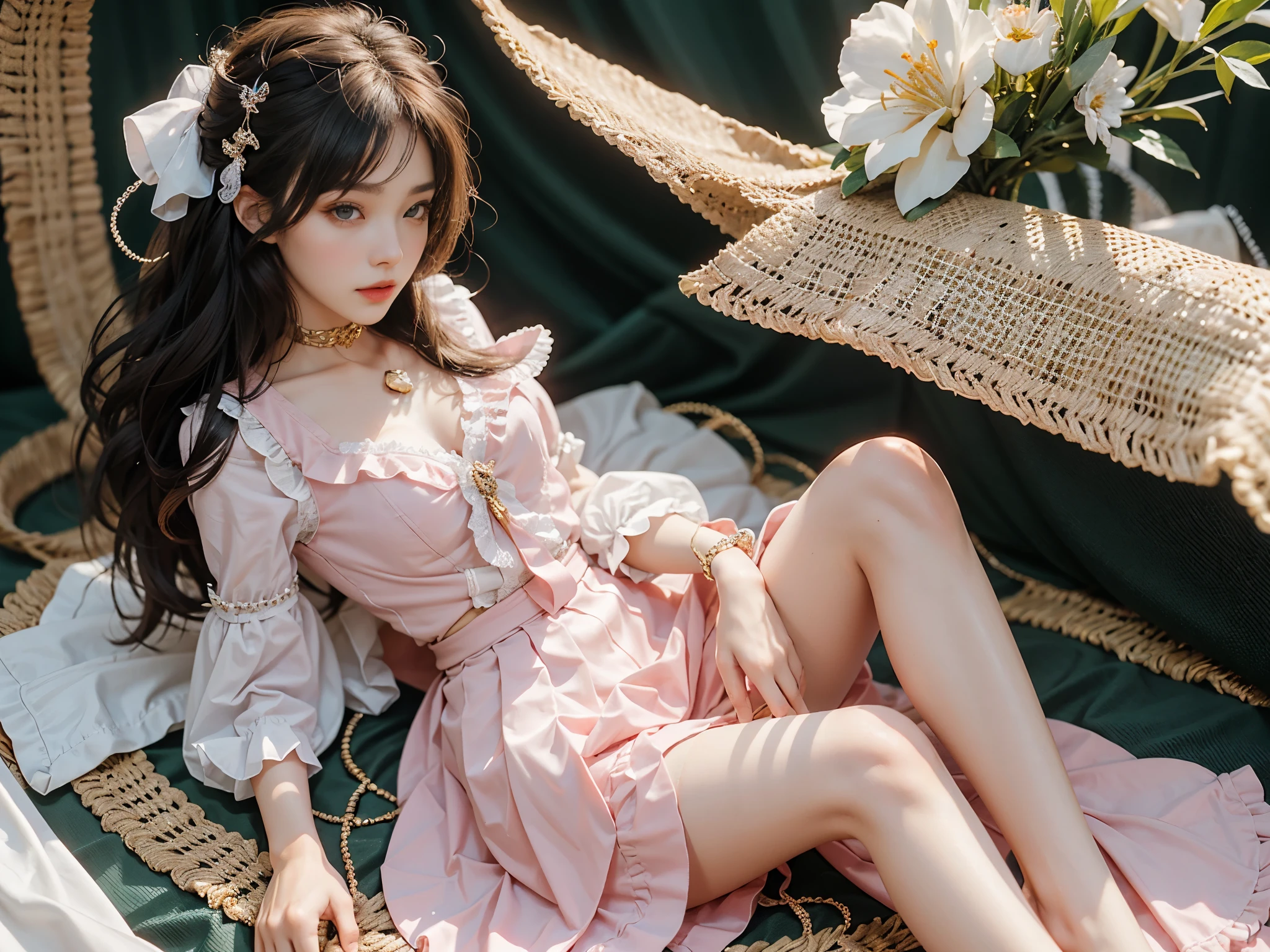 pleated skirt,pink skirt,pink sailor collar, ((Aerial view)), ((knee shot)), beautiful legs, slender legs, lying down, flat lay, flat lay在床上, Hold your hands between your legs, (top quality, 8k, masterpiece: 1.3), beautiful woman with perfect body: 1.4, dark brown hair, Wear a pendant, Highly detailed face and skin, delicate eyes, double eyelids, best quality, masterpiece, (lifelike: 1.4), a woman, golden ratio, perfect face, slim body, pretty face, bright smile, Gloss, emphasize, Gloss, Bangs, Refreshing charm, elegant, shining, elegant姿势, masterpiece, best quality, (fidelity, fidelity: 1.37), 8k, very delicate and beautiful, amazing, Exquisite details, ridiculous, File size is huge, Very detailed, beautiful and delicate woman, Very detailed eyes and face, 美丽delicate eyes, transparent double, big eyes, There is light on the face, a woman, (perfect female figure), thin waist, Feminine Expressions, overwhelming charm, White background, light background, Gloss on skin, Gloss on face, Gloss on chest