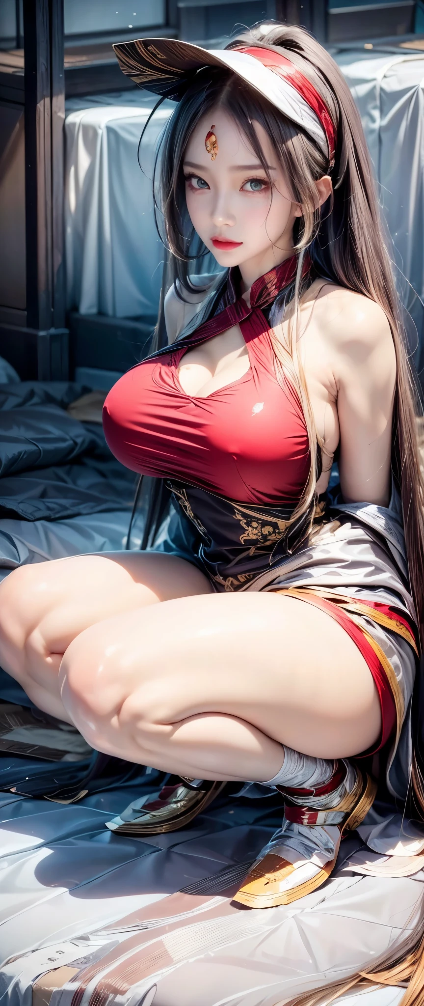 realistic, 1 women, best quality, 12k, HD, long hair, big round breasts, cleavage, ponytail, necklace, jewelry, shorts, short jacket, slim hips, hair tie, yellow eyes, black hair, super detailed, Eye details, hair details, person details, mouth details, face details, breast details, clothes details, hair details, pants details, hand details, whole body