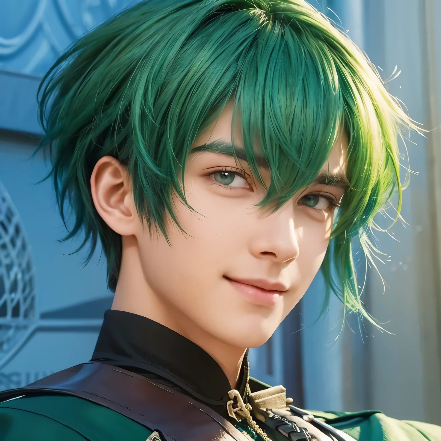 A teenage boy with realistic green hair, (same realistic hair style), realistic handsome face, realistic smiling expression, adapt the same realistic clothes,realistic light, realistic shadows, realistic background, good image quality, very good image results, ultra detailed, realistic