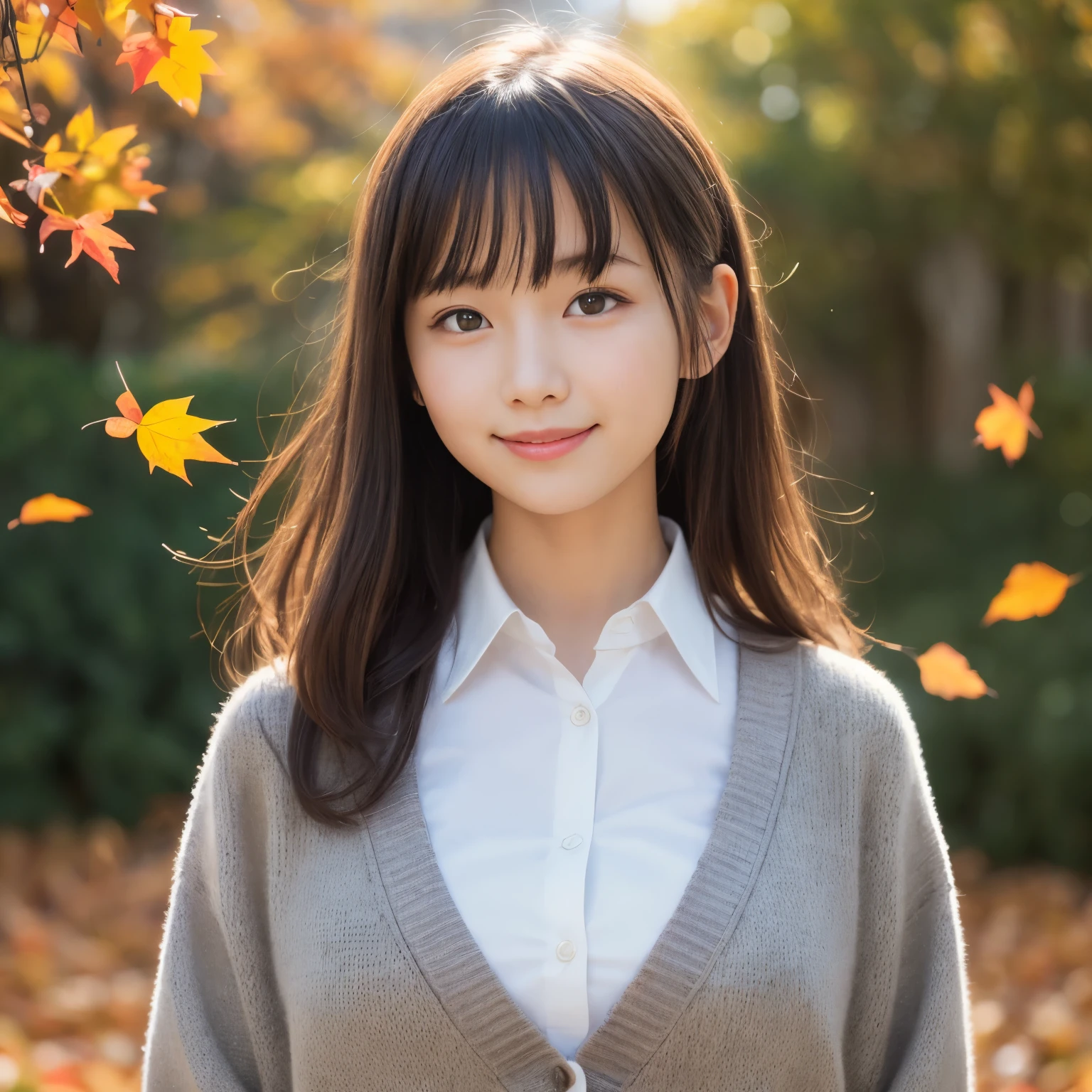 table top, highest quality, 8K, 10 , Ten generations, RAW photo, absurd, award-winning portraits, smile, alone, idol face, delicate girl, Upper body, Digital single-lens reflex camera, looking at the viewer, Frank, Sophisticated, thin arms, professional lighting, film grain, chromatic aberration, (Eye and face details:1.0), (Bokeh:1.1) , (autumn leaves in background、The silhouette is beautiful with sunlight reflected in the glittering backlight...:1.２) , close your mouth , ((White school uniform blouse and navy cardigan))、plaid pleated skirt、black haired , (huge breasts:1.2)、(beautiful girl:1.2)、(So cute:1.2)