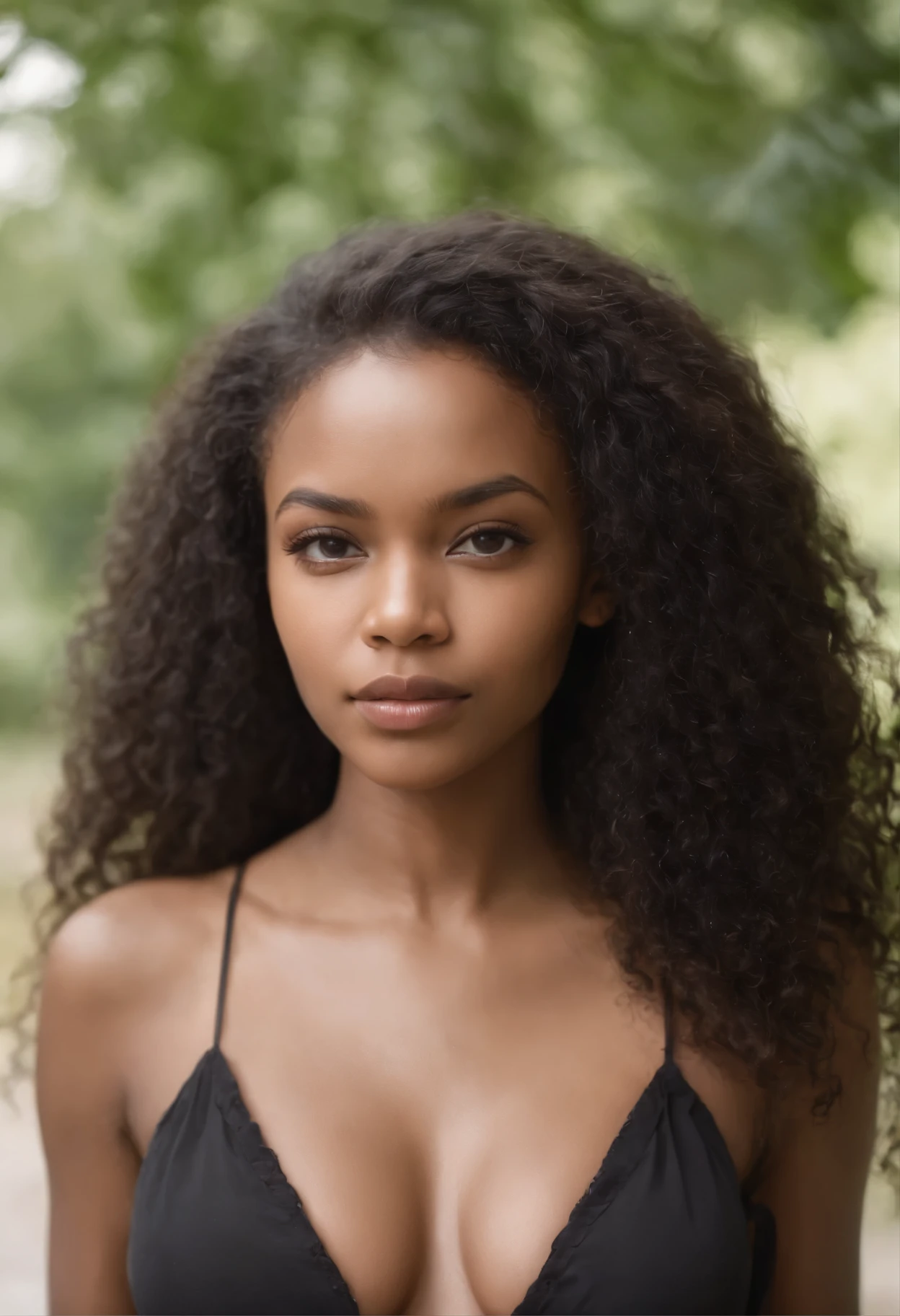 beautiful Afro-Caribbean girl, 20 Jahre alt, nackt, big breasts and beautiful face, schmunzelnd und lustig, Lockige haare, hole body, fotorealistisch, kinematografisches Bild