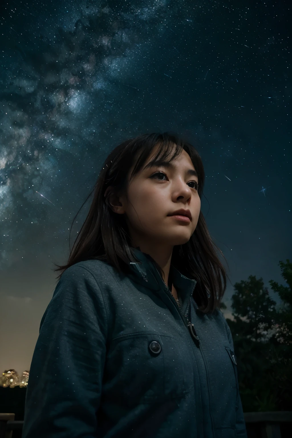 best quality, master piece, ultra high resolution, Realistic,Totoro,Fantastic starry sky,looking at the stars,wide angle, comet,30 generation women、challenge