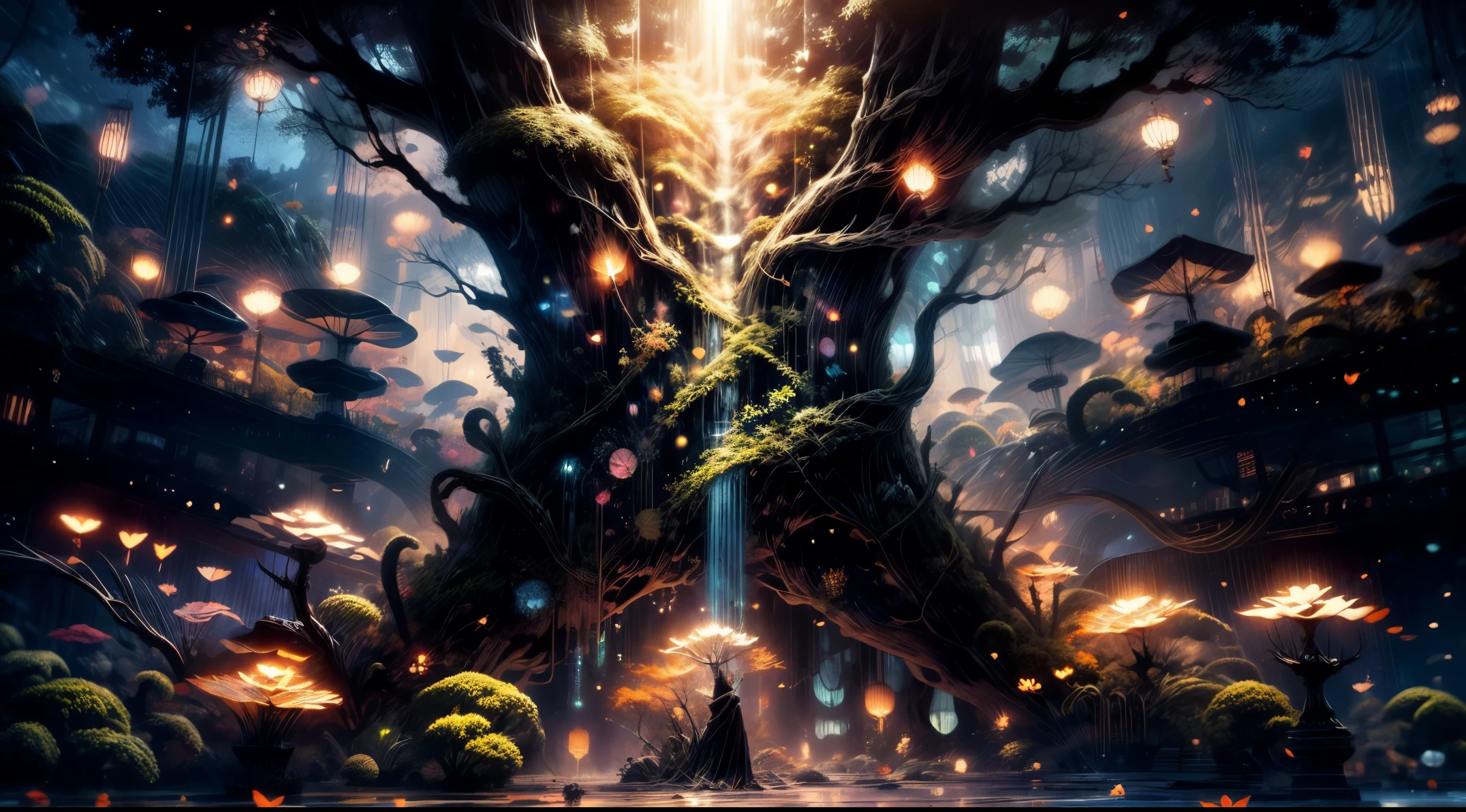 (best quality,4k,8k,highres,masterpiece:1.2),ultra-detailed,(realistic,photorealistic,photo-realistic:1.37),fantasy jungle,floating jellyfish,blue leaf,pink butterfly,firefly,glowing mushroom,strange-looking tree,black vines,strange-looking flowers,colorful flowers and tree,artistic rendering,ethereal atmosphere,vibrant colors,dappled sunlight,lush greenery,majestic tree canopies,mysterious shadows,unexplored paths,hidden creatures,enchanting foliage,whispering leaves,surreal plants,gentle rustling,illuminated petals,dream-like glow,mesmerizing luminescence,glimmering fireflies,twinkling stars,
mystical ambiance,intricate details,airy and magical,ethereal beauty,peaceful serenity,secluded oasis,enchanted escape,enigmatic depths,unearthly tranquility