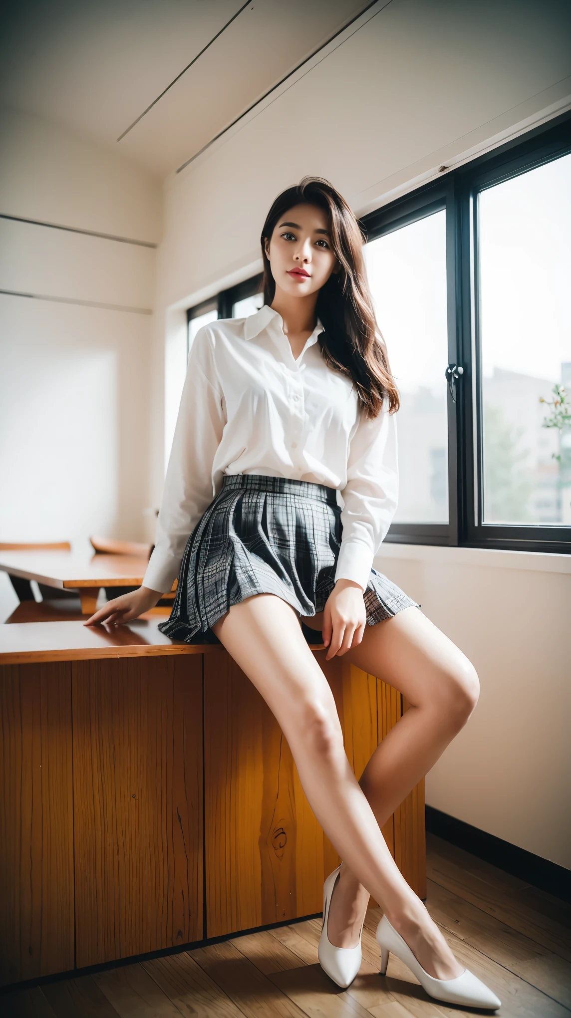 a beautiful girl，high school student，Nice melon seed face，big watery eyes，red lips，Smoky makeup，（Wear JK，White shirt，Plaid pleated skirt，black，High heel），（Sit on the ground and open your legs，in the classroom），Floor-to-ceiling windows，Sunlight，soft light，photorealisti，8k，looking from bottom to top