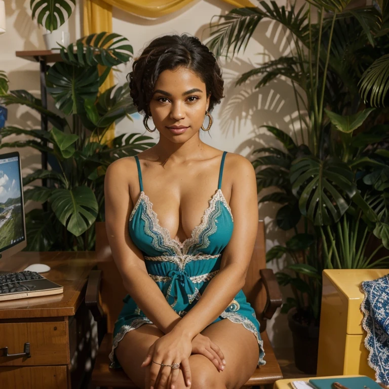 A Brazilian mulatto is a person with a rich ethnic heritage, often exhibiting a combination of African and European ancestry, with a range of skin tones and a vibrant culture that celebrates Brazil's racial and ethnic diversity, dressed in'a lace dress covered with the Shein brand in ocean blue colors and with a sea motif sitting behind a desk like a president and her hands come together and rest on the desk. Epaule et seins recouvert par la robe, autre robe
