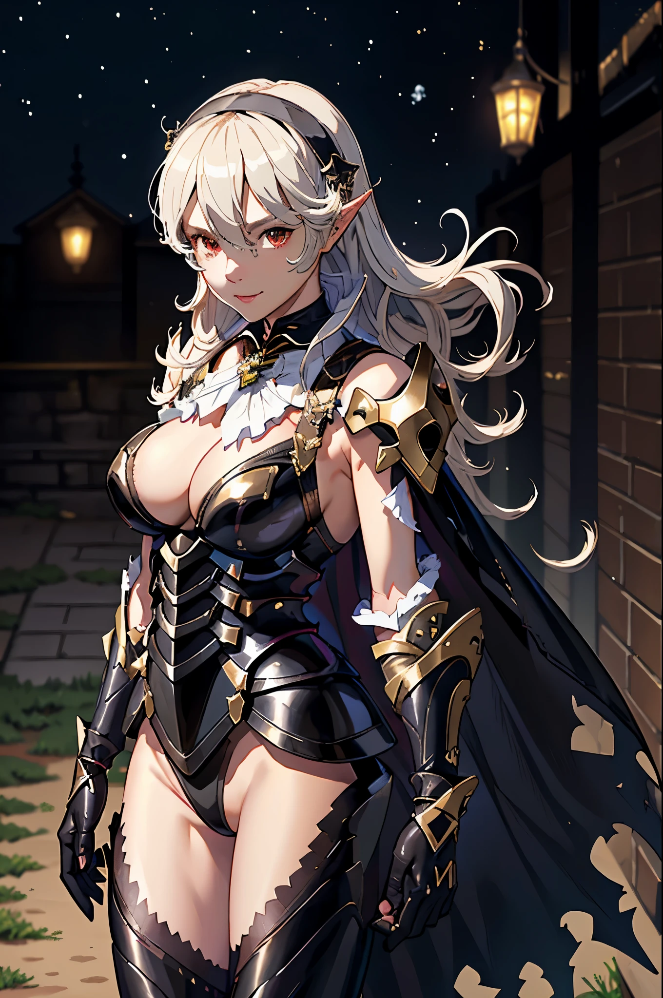 masterpiece, best quality, legCorrin, black hairband, cleavage, black armor, shoulder armor, gauntlets, black gloves, torn cape, black leotard, black legwear, looking at viewer, smile, cowboy shot, night, field, aurora