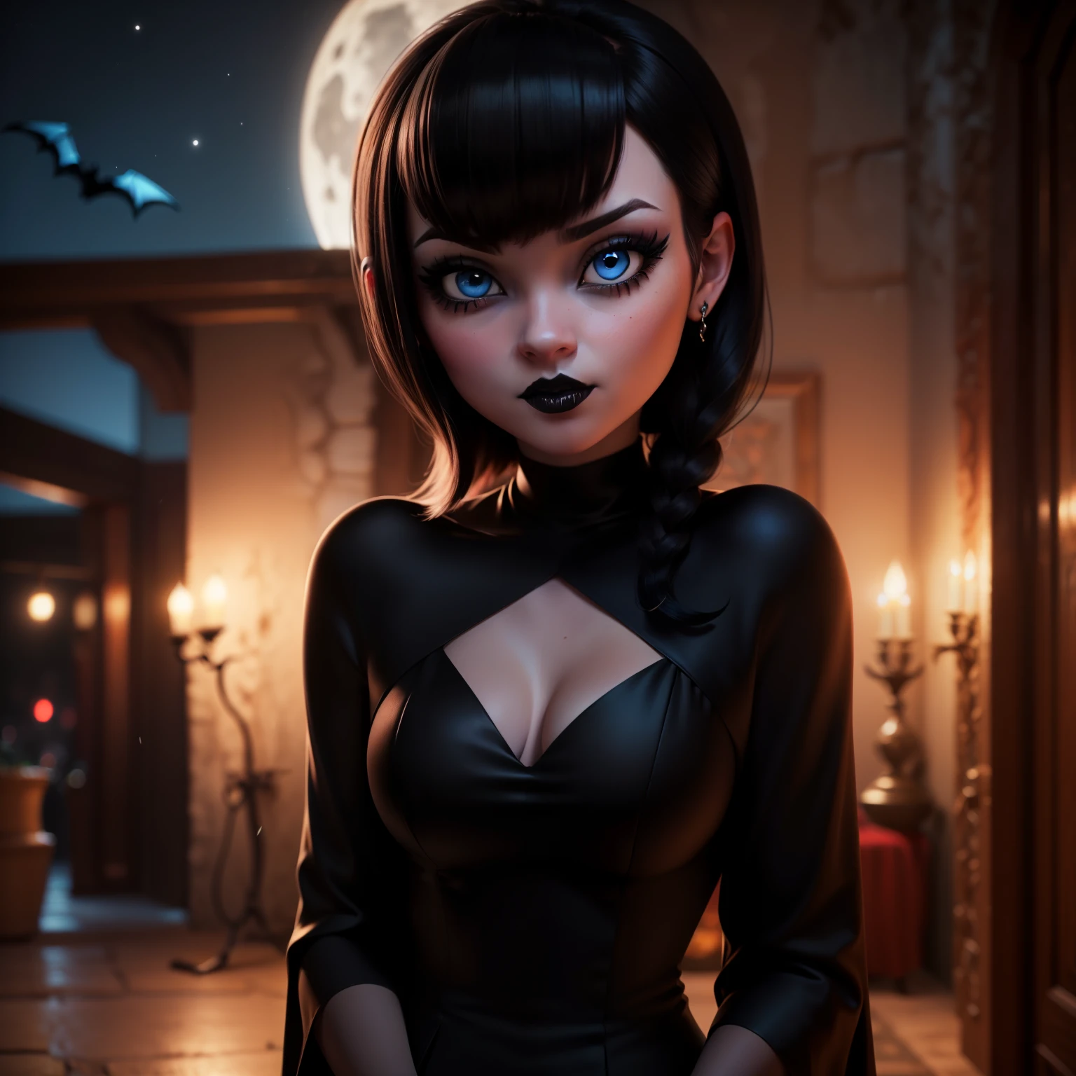 (body shot:1.6), (Masterpiece, photorealistic, photorealism, best quality, ultra-detailed:1.3), (nice hands, perfect hands), official art, cinematic light, (1girl:1.3), (solo:1.4), adult, (hyper realism), retro art style, full moon, village, Mavis Dracula, teeth, (black dress, sleeves, skins thight dress), (black:1.5), (black hair, light blue eyes:1.5), staring, dark evil, night, ambient candlelight , hotel Transylvania, (bat), blush, depth of field, young female, medium breasts, emo:1.7, (black eyelashes, eyeliner, black lipstick:1.5), diamond earrings