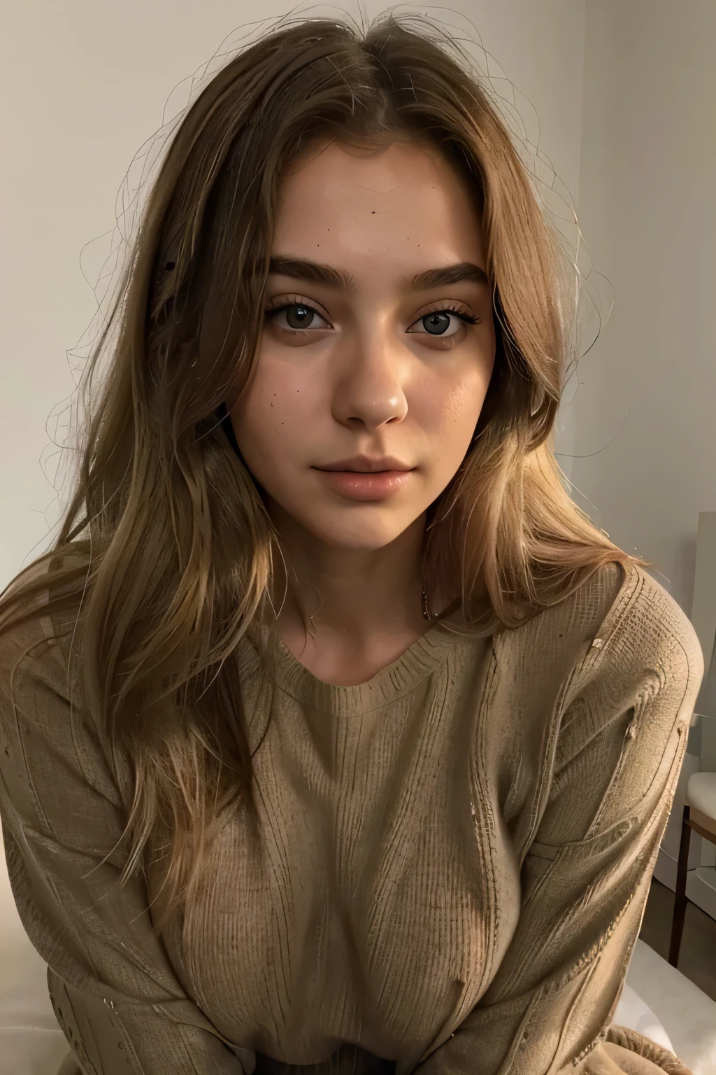 Girl 18 years old, nur, Lange Haare, midsize boobs, Blick auf den Betrachter, blondes Haar, nackte Schultern, braune Augen, Schmuck, full entire body, Halskette, schulterfrei, pullover, lips, realistisch, Nase, Flirten mit der Kamera