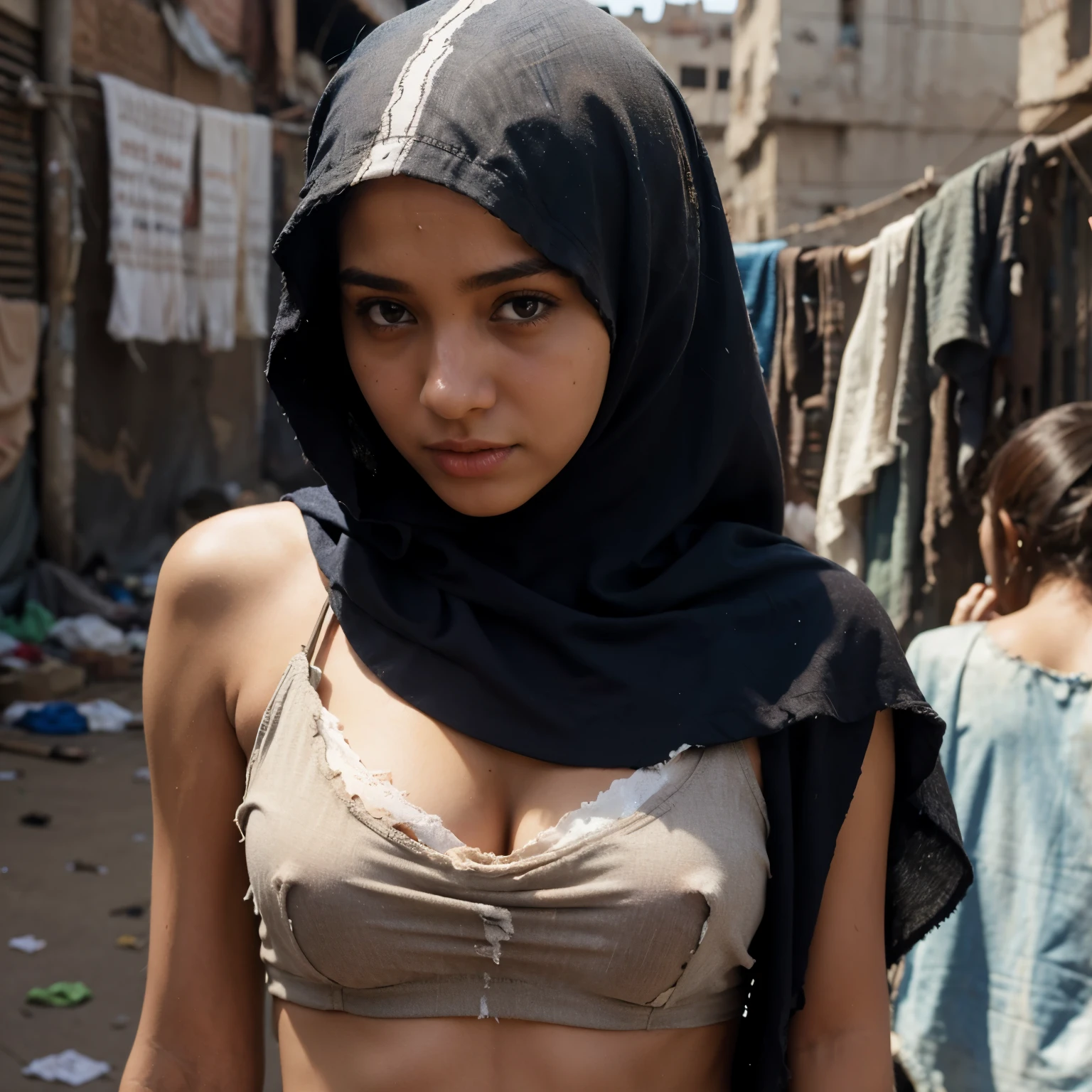 Hijab girl wear torn cloth and braless in slum settlements