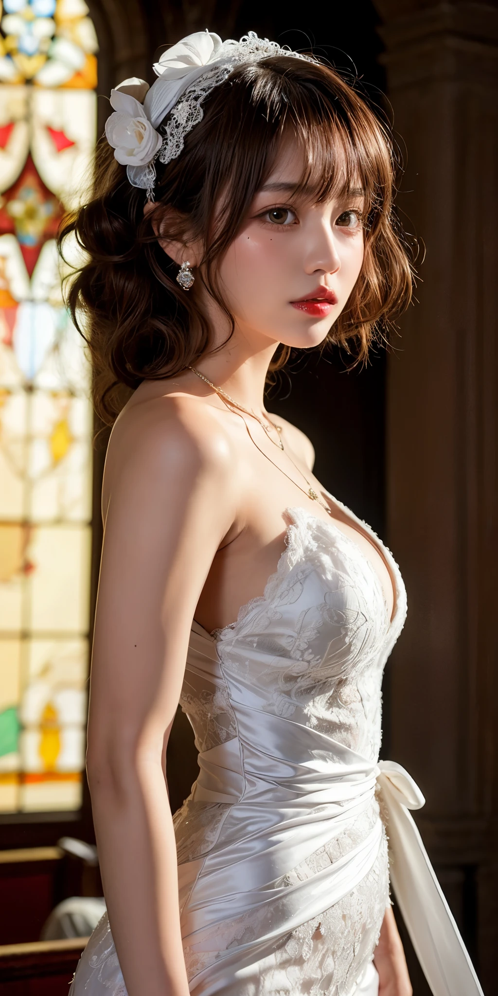 table top,1 girl,(mature woman:0.5),tall body,golden ratio,(K-POP idol),(shiny skin:1.2),(oil skin:1.1),compensate,(close),(church background),Depth of bounds written,(closed mouth:0.5),((curly hair、curly hair、brown hair)),(puffy eyes),(eyelash:1.1),(parted lips:1.1),red lipstick,fantasy art style, whole bodyエスビアン, dreamy lights,(lace wedding dresses:1.2),whole body,(Dreamy hair ornament:1.1),(evening:1.2),princess shoes,(diamond necklace),(crystal hairpin),Tyndall effect,High resolution