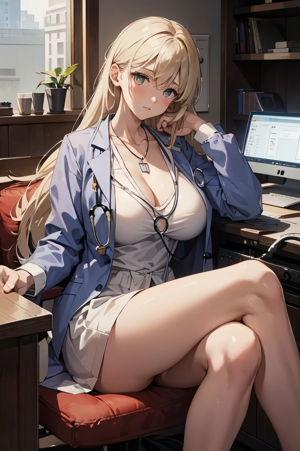 Breasts a little smaller、necklace、Y-shirt、white clothes、female doctor、Stethoscope、Beauty、handsome face、shy look、serious