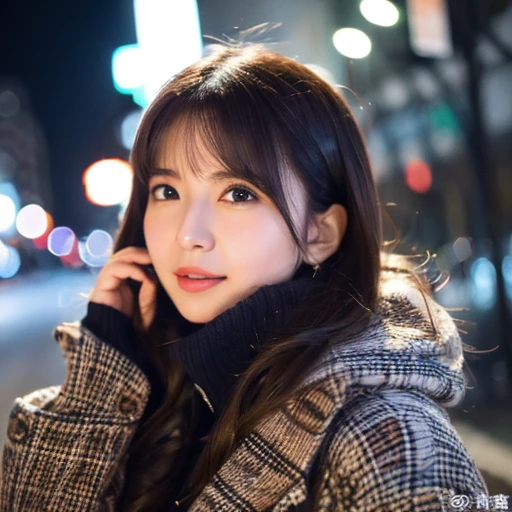 (best quality,highres:1.2),ultra-detailed,realistic,girl,25 years old,slender,large breasts,G-cup,winter clothes,white knit sweater,navy coat,night view,after work,childlike face,double eyelids,frontal expression,adorable,cute,small nose、ボブカット、茶髪、デート風、