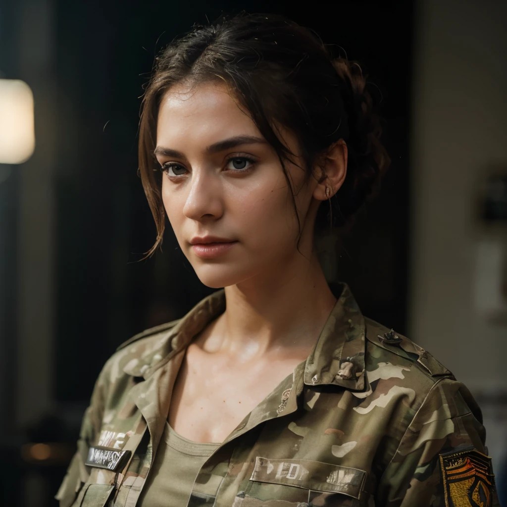 masterpiece,
high quality,
cinematic lighting,
realistic,
1girl,
army camouflage uniform,
cleavage,
updo hairstyle,
sweat,
:: 8k,
hd,
hq,
body ilumined,
face ilumined,
watercolor style,
beautiful detailed,
oil painting,
award - winning,
oil on canvas,
soft impressionist brush strokes,
dim volumetric lighting,
octane beautifully render,
framing,
hyperrealistic,
film grain,
Hasselblad 35mm,
f2 1/60,
ISO 800