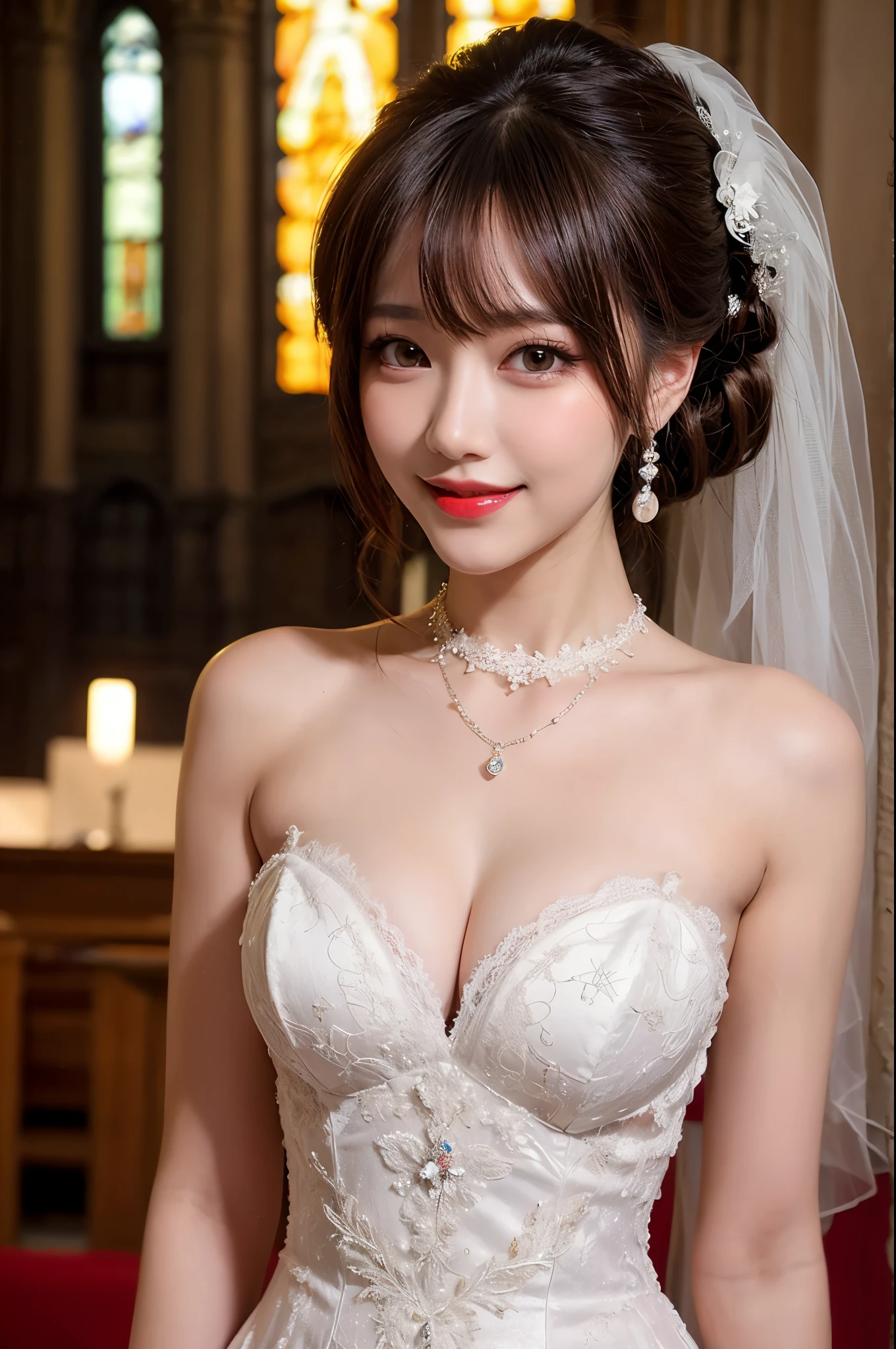 table top,1 girl,(mature woman:0.5),tall body,golden ratio,(K-POP idol),(shiny skin:1.2),(oil skin:1.1),compensate,(close),(church background),Depth of bounds written,(closed mouth:0.5),((Half updo hairstyle)),(puffy eyes),(eyelash:1.1),(parted lips:1.1),(very affectionate smile:1.2)、red lipstick,fantasy art style, whole bodyエスビアン, dreamy lights,(lace wedding dresses:1.2),whole body,(Classy hair ornament:1.1),(evening:1.2),princess shoes,(diamond necklace),(crystal hairpin),Tyndall effect,High resolution