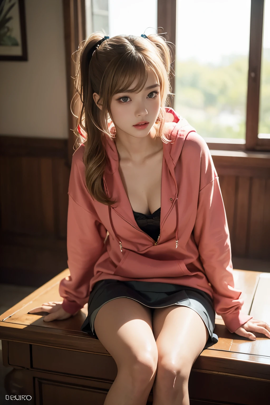 (masterpiece), (intricate details), (ultra-realistic), (extremely detailed), portrait, (beautiful teenage Asian idol student), (very attractive), (  [pink:blonde:0.5] hair), double ponytails,(detail red  hoodie), (detailed Asian face), (sharp features), young smooth skin, (rosy cheeks), (sparkling eyes), (long curled lashes), (sensual lips), (alluring gaze), (slim figure), (long legs) , (intricate hair strands), (photorealistic lighting and shadows), photography shot, trending on artstation, by Greg Rutkowski
