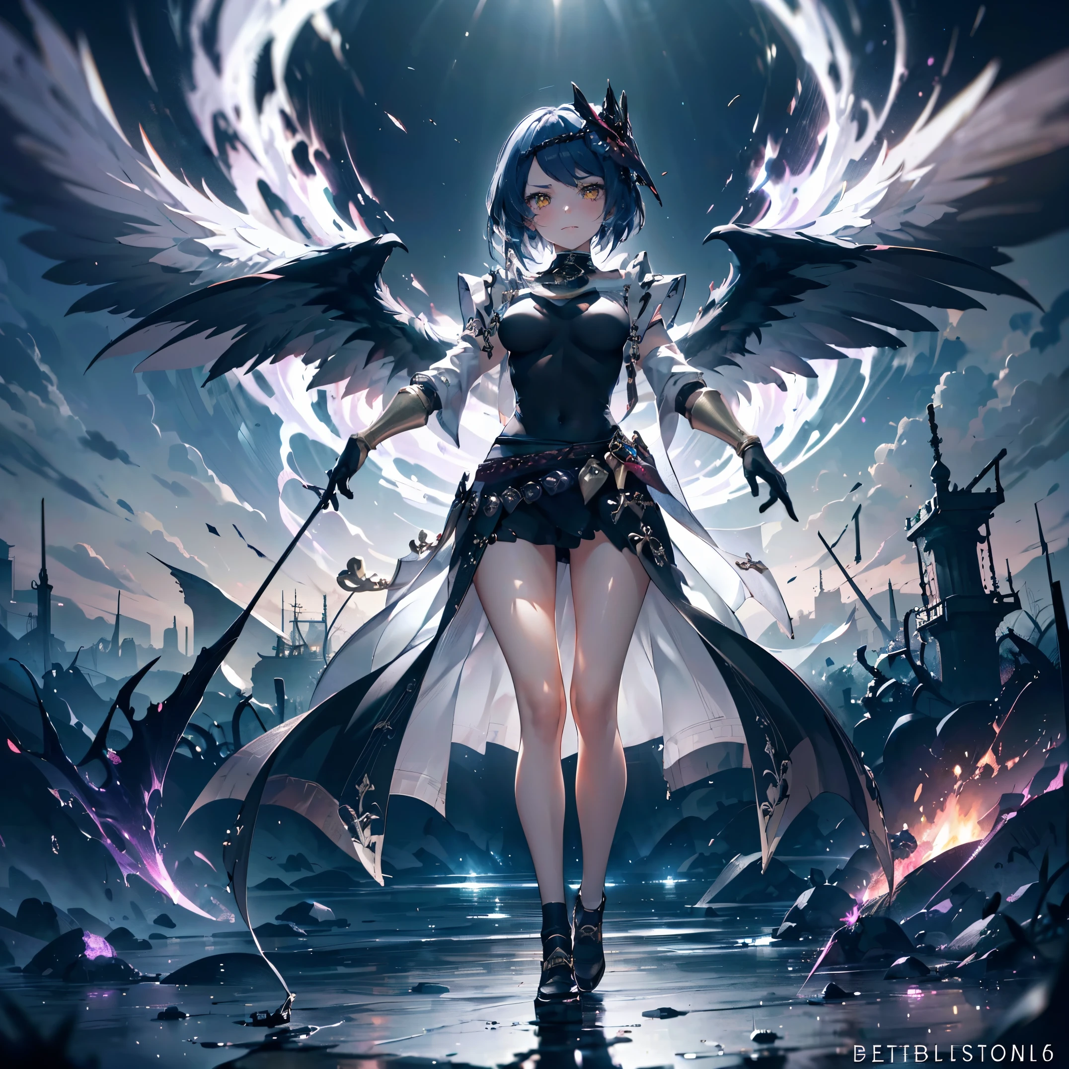 Kujou Sara |genshin impact, (Full body posing:1.5), (colorful:1.2), Dynamic angle, (extremely detailed CG unity 16k wallpaper:1.1), (Denoising strength: 1.45), (tmasterpiece:1.37), beautiful cute gothic dark magical girl in with witch style, wearing witch hat, her magic is dark and purple glowing colored, evil, smiling an evil cute smile, magical glowing aura, powerful, ultra power, glowing power, magical power, cute white face, purple and red glowing magic, (incredible details, cinematic ultra wide angle, dark background, depth of failed, hyper detailed, insane details, high resolution, incredible quality, dynamic shot, starrystarscloudcolorful, Ambilight, ultra-high quality, (ultra detailed original illustration), double exposure, fussion of fluid abstract art, glitch, (original illustration composition), (maximalism artstyle, geometric artstyle, junk art), ((1girl:1.4)), (highly detailed beautiful face and eyes), eastern dragon, floating full body, hyper realistic, cinematic lighting, soft lighting, god rays, sparkle, masterpiece