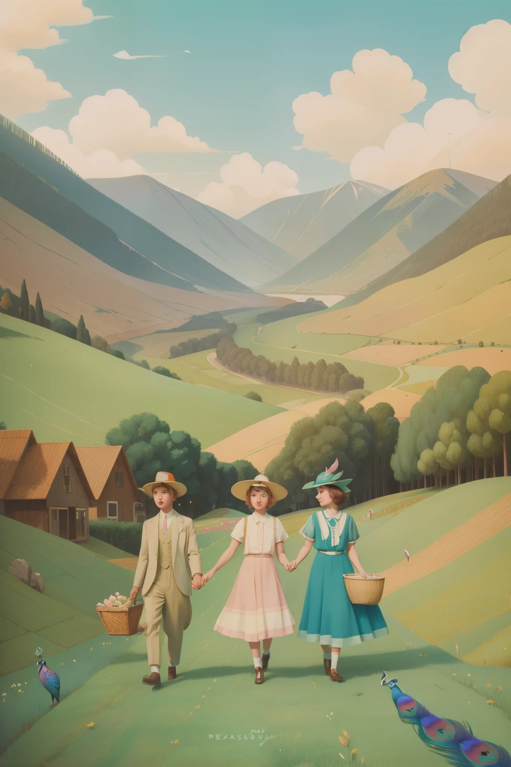 1930s Pastel Peacock Parade in the Pastoral Valley (Location: Pastoral Valley)
Character: A dreamy teen, with pastel-dyed feathers, leads a peacock parade through the pastoral valley during the 1930s. Wes Anderson's valley palette captures the whimsy of the colorful procession.