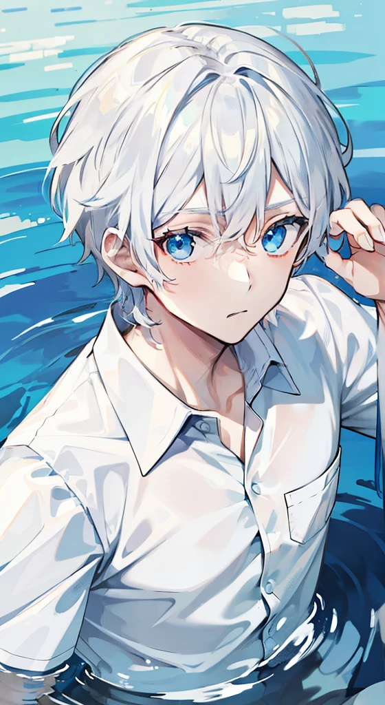 Male, shirt, swimming in the lake, white hair, blue eyes, transparent, muscles