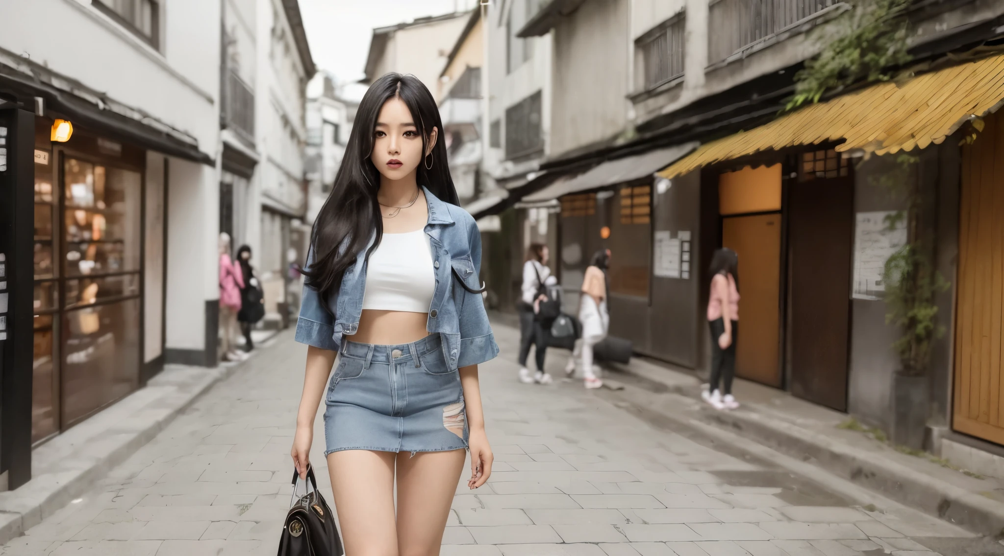 mulher coreana, k-pop star, loira, de cabelos loiros, standing de saia curta, mini-skirt denim e jaqueta andando por uma rua, a estudante hiperrealista, estudante hiperrealista, posando em uma rua, she is wearing streetwear, sakimichan hdri, usando um top cropped sexy, Na rua, Na rua, Na rua, numa rua, Gothic city streets behind her, a mulher tem pernas longas e elega tes, coxas grossas e fortes, quadris amplos e cintura estreita, pernas bonitas, belas coxas!