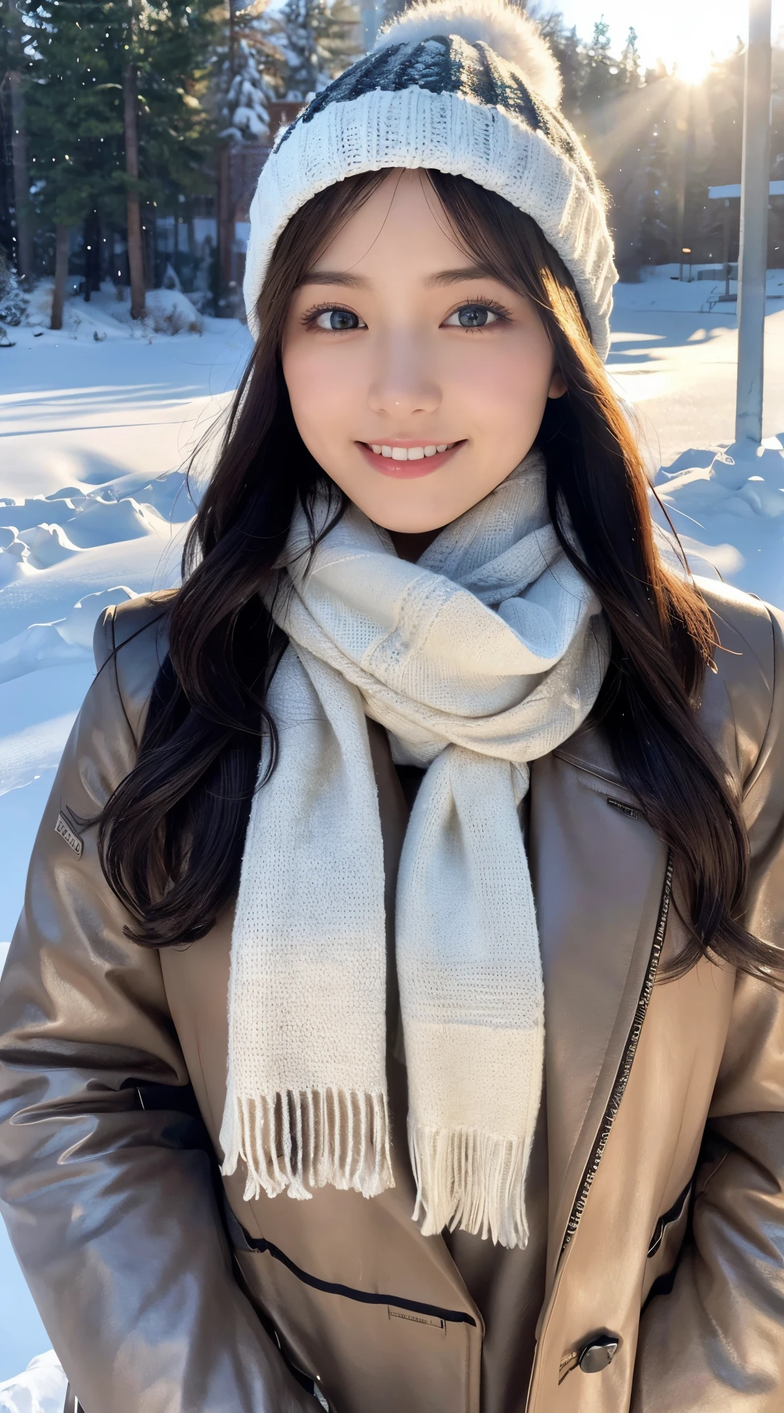 (highest quality,masterpiece:1.3,ultra high resolution),(Super detailed,caustics,8k),(photorealistic:1.4,RAW shooting),A silver world all around,snowfield,(Diamond dust),(Snow sparkling as it reflects the light),sunshine,Backlight,22 years old,cute,natural brown medium hair,knit hat,Smiling and looking at the camera,Scarf,big boobs,Down jacket,shot from the waist up,Natural light,professional writing