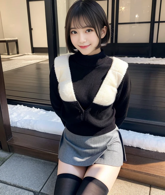 Japan Solo Women、mini skirt、black stockings、sweater、(master piece、realistic、Raw photo、8k)、Ecchi smile、emphasize the chest、Companion's perspective、naughty pose、wavy short bob cut、detailed face、realistic skin、whole body、Japan in winter