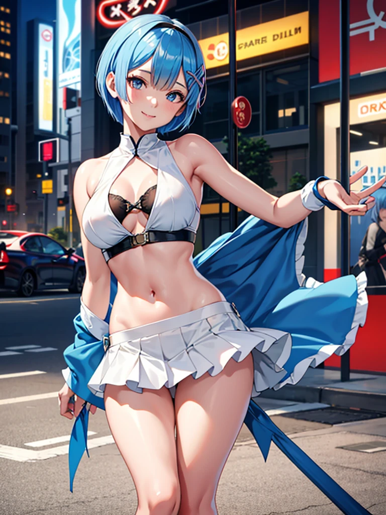 Rem, re zero,1girl, blue hair, short bob hair, blue eyes, detailed eyes, smile, skirt, red skirt, navel, white top, full height, perfect body, slender legs, medium breasts, shoes, cowgirl position
Night city, lights
car, car Nissan GTR, more_details:-1, more_details:0, more_details:0.5, more_details:1, more_details:1.5, add_detail:1, add_detail:0, add_detail:0.5,