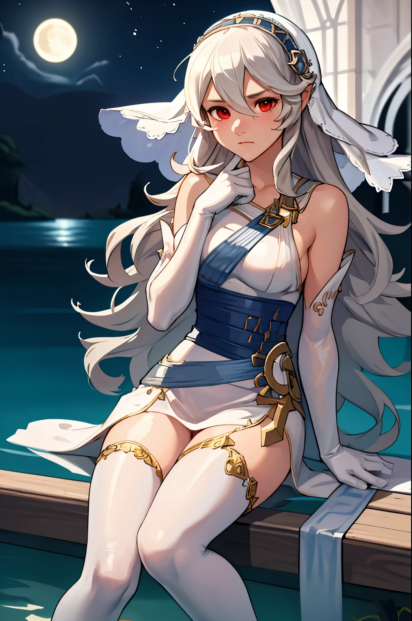 masterpiece, best quality, adrCorrin, white dress, veil, single glove, single thighhigh, lake, lakeside, night, sitting, looking at viewer, moon, emotionless 