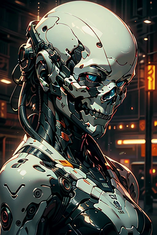 Top quality, Masterpiece, 超高分辨率, ((Photorealistic: 1.4), RAW photo, 1 Cyberpunk android girl, ((Portrait)), Glossy glossy skin, black skull lower half of face, (hyper realistic detailed)), Clear plastic covers mechanical limbs, Tubes attached to mechanical parts, Mechanical vertebrae attached to the spine, mechanical cervical attachment to the neck, wires and cables connecting to head, Evangelion, ((Ghost in the Shell)), Luminous small light, globalillumination, Deep shadows, Octane rendering, 8K, ultrasharp, metal, Intricate Ornament Details, baroque detailed, very complex details, Realistic light, CGSoation trend, Facing the camera, neon light detail, (Android manufacturing plant in the background), art by H.r. Giger and Alphonse Mucha.