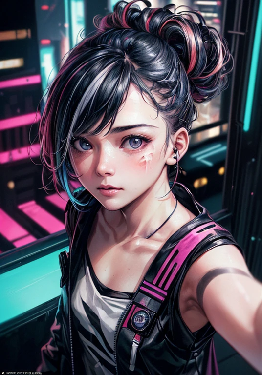 Asian girl with purple hair, (Selfie:1.8), 1girl, (Cyberpunk:1.8, Cyberpunk city background:1.8), ((The cutest face: 1.8, Perfect face:1.3)), (half updo, multicolored hair:1.4, pale skin:1.5), (From above:1.4), Best Quality, epicd (by lee jeffries photo, sony a7, 50 millimeters, pores:1.5, Colors, hyperdetails:1.5, Film grain:1.4, hyper realisitic: 1.5), Octane Render, ultra realistic lifelike textures, masutepiece, unreal enginee 5, the Extremely Detailed CG Unity 8K Wallpapers, Madly detailed photo, Ultra-realistic light, (Pulitzer Prize in Photography、Taylor Wessing Award for Photography)