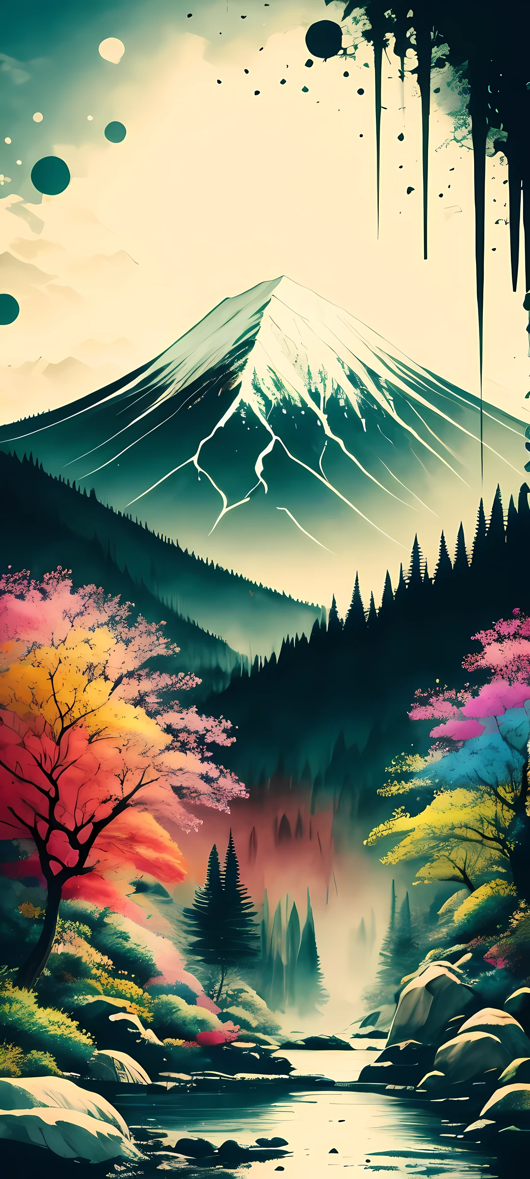 very colorful scenery, ink, mountains, waterfall, trees