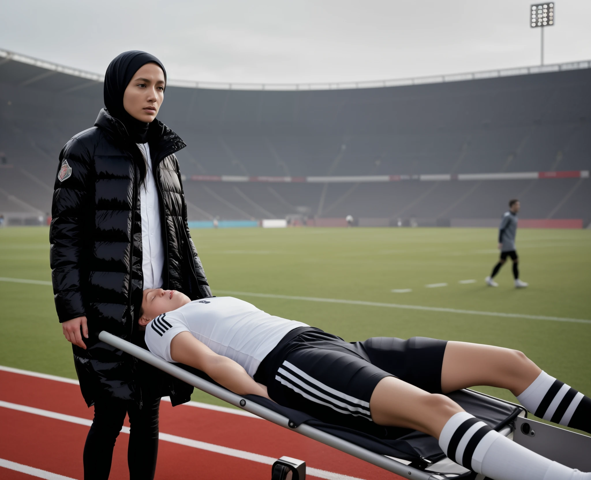 a man on a stretcher, a laquered Moncler downcoat made from very shiny patent fabric, lacquered and very shiny Moncler down coat, Woman in hijab wearing a man on a soccer field, Realistische Szene, realistische Aufnahme, Ein hyperrealistisches, Detaillierte Szene, a very smooth and very shiny and very glossy padded Moncler down coat, His hands cover his face, The man held his hands in front of his face, Both hands are in front of his face, Bald man on a stretcher, die von einer Frau getragen wird, A football scene in a stadium in Italy , Gargling woman in shiny black plastic coat in front of us with angry face and extremely horrified and desperate expression on her face from right to left across the football field, Frau, who wears a stretcher in a horizontal orientation, on which lies an injured footballer in dull and dusty blue sportswear, The footballer lies sideways on the stretcher, the legs slightly bent and the upper body turned towards us, and has both arms bent and his hands in front of his face, The footballer's head on the stretcher lies close to the women's deep black plastic coat and is covered by the footballer's arms and hands, The footballer in the Cotton Sportswear mat has his hands clasped in front of his face in pain, eine Aura des Schmerzes und der Traurigkeit ausstrahlend, The beautiful woman in the shiny black plastic coat carries the injured soccer player on the stretcher, which she carries across the soccer field in front of our eyes, In the background you can see the occupied stands of a football stadium, A football match in Italy, Sportverletzung, Transport auf der Trage, Jennifer Lopez, high res photo, Ultra-realistisches Foto, Fotorealistische Aufnahme, Super high-resolution and sharp photo, Shiny black plastic burqa, Bester Schuss, Beeindruckendes Gewinnerfoto, realistische Aufnahme, Perfekter Schuss, verletzt, Intensiver Moment, 📷