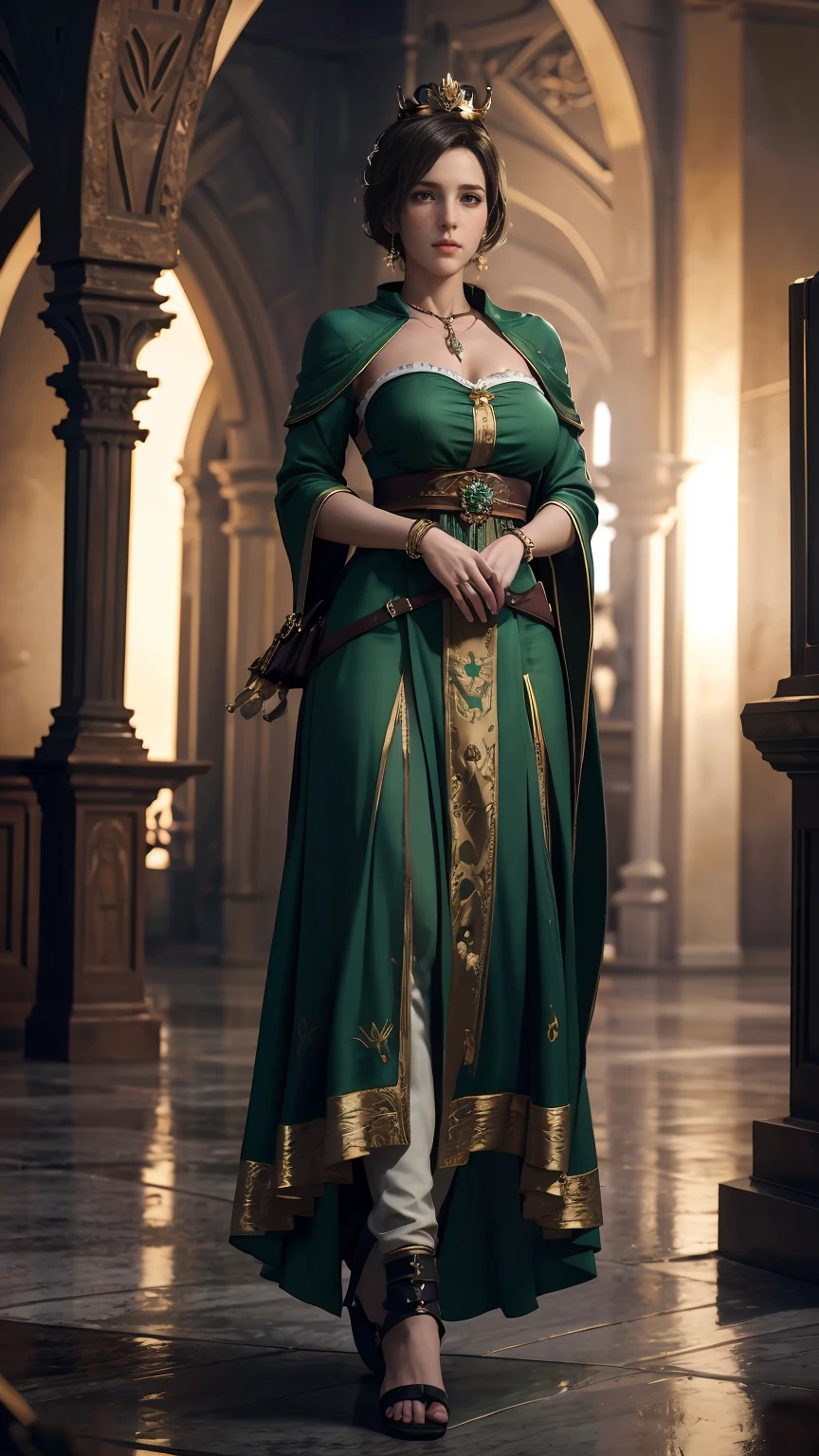 model shooting style, (Highly detailed CG Unity 8K wallpaper), Full body photo of the world&#39;s most beautiful artwork, medieval queen, green veil, black skin, black woman, golden crown, diamond, Medieval architecture, Professional majestic oil painting by Ed Blinky, Atay Gailan, Studio Ghibli, Written by Jeremy Mann, Greg Munches, Antonio Moro, Trending with ArtStation, trending on cgsociety, Complex, high detail, sharp focus, dramatic, Realistic painting art by Midjourney and Greg Rutkowski