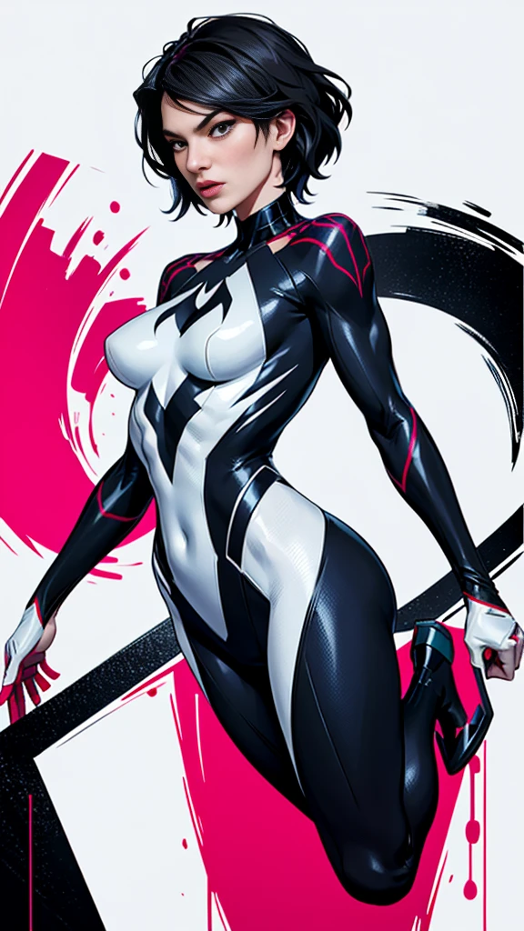 spider gwen, Hotly, partial , high quality, dynamic pose, Beautiful, gorgeousl, in love,Short suit, spider in a suit, white black red suit、milla jovovich