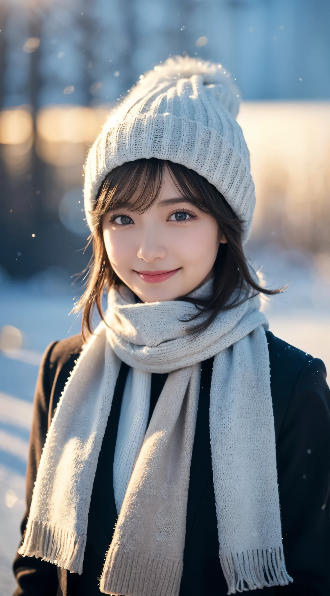 (highest quality,masterpiece:1.3,ultra high resolution),(Super detailed,caustics,8k),(photorealistic:1.4,RAW shooting),A silver world all around,snowfield,(Diamond dust reflecting light and sparkling:1.1),(Snow sparkling as it reflects the light),sunshine,Backlight,22 years old,cute,natural brown medium hair,knit hat,Smiling and looking at the camera,Scarf,big boobs,Down jacket,shot from the waist up,Natural light,professional writing