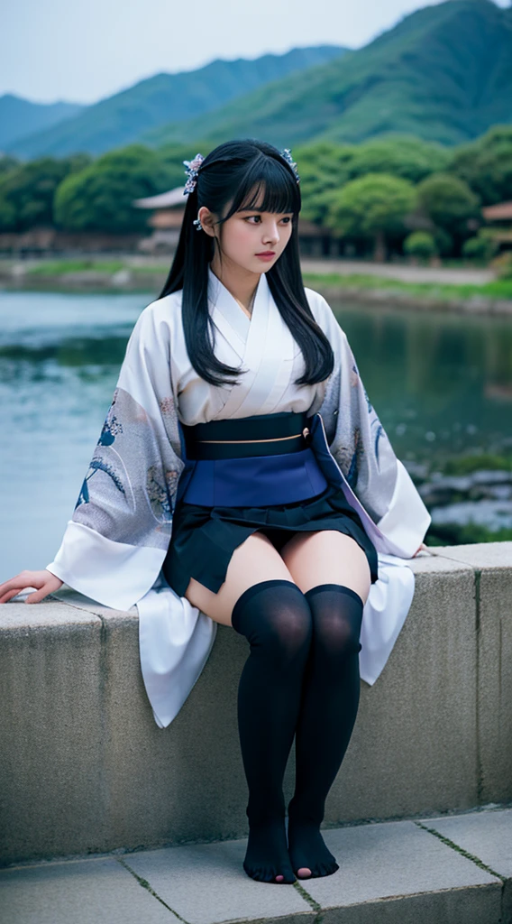 masterpiece,highest quality,1 girl,perfect face,black hair,long hair,hairstyle with bangs,Body with good style,blush,kimono,Jet black kimono,mini skirt,panty shot,thighs,Thighhighs,fantastic scenery,moonlight