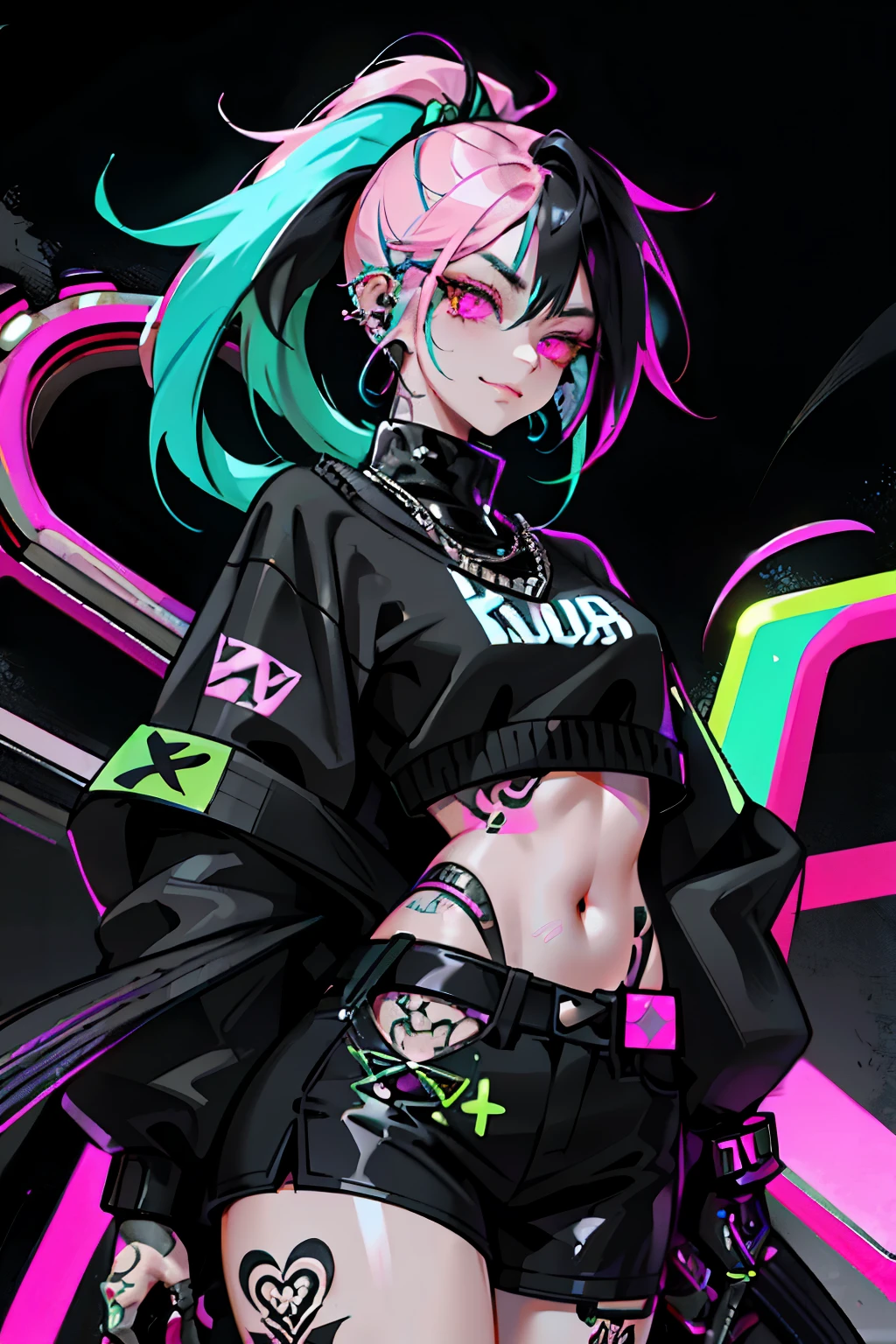 (masterpiece, best quality:1.2), realistic, 50mm portrait, absurd, bloom, glow, high contrast, depth of field, dynamic lighting, night, darkness, neon, 1girl, solo, cute, slender, small breasts, delicate facial features, Hip-Hop, green hair, purple hoodie, short pants, splash paint, graffiti on the wall, blacklight