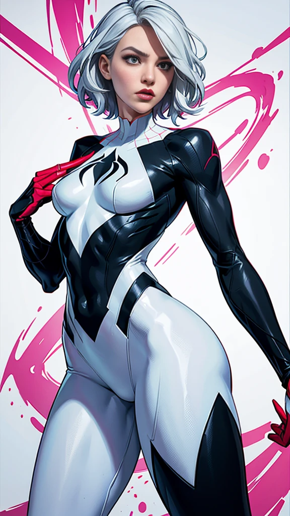 spider gwen, Hotly, partial , high quality, dynamic pose, Beautiful, gorgeousl, in love,Short suit, spider in a suit, white black red suit、Jennifer Garner