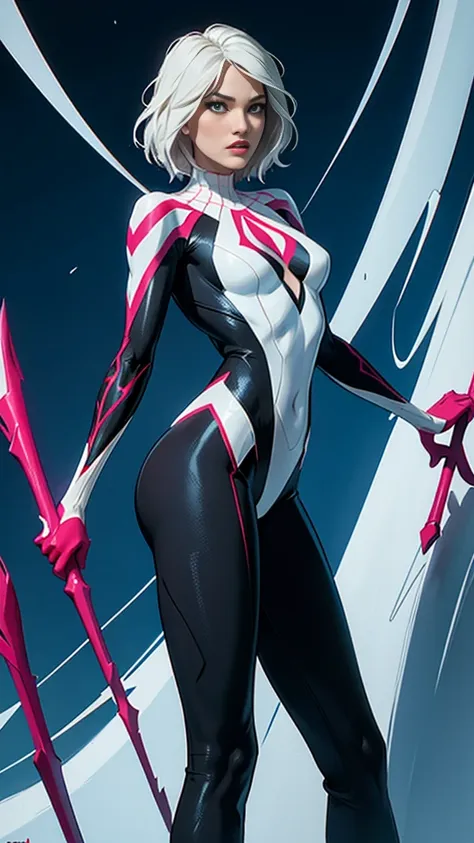 spider gwen, hotly, partial , high quality, dynamic pose, beautiful, gorgeousl, in love,short suit, spider in a suit, white blac...