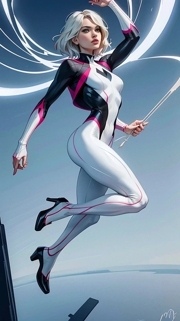 spider gwen, Hotly, partial , high quality, dynamic pose, Beautiful, gorgeousl, in love,Short suit, spider in a suit, white black red suit、Jennifer Garner