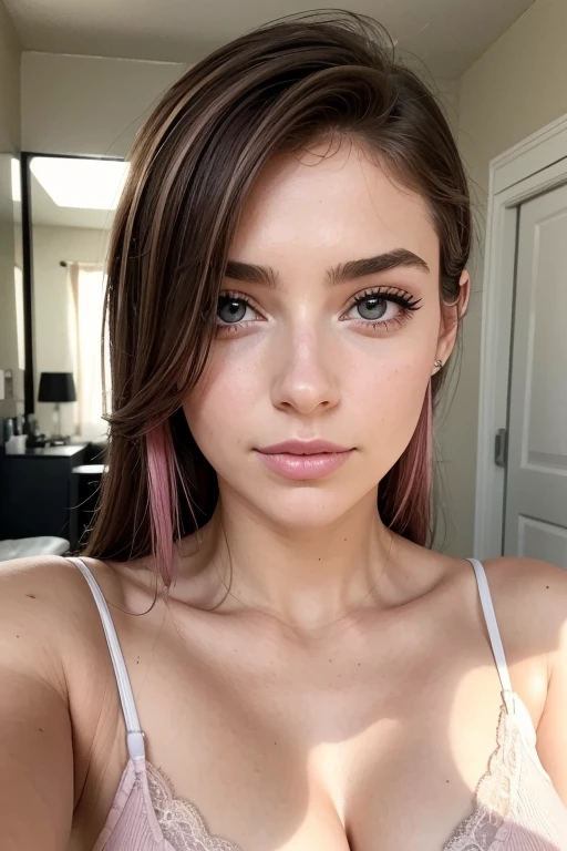 Belle fille, Marron_eyeeautiful mince adolescente de 18 ans, cheveux color [Brown highlights cheveux], [Pixie undercut] cheveux)), piercing nombril, lèvres, Réaliste, taille étroite, charmant, pink lèvrestick, maquillage coloré, Cils longs, boucles d’oreilles, porter de l’eye-liner, peau claire, (mignon), (face détaillée), Yeux détaillés, Iris détaillé, corp magnifique, corps athlétique, abdominaux prononcés sur l&#39, 
