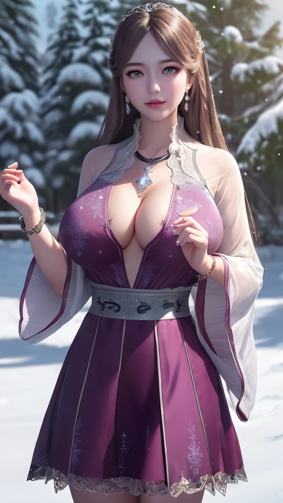 Ultra-realistic 8k CG, flawless, Clean, masterpiece, professional artwork, famous artwork, Cinema lighting, bloom, perfect face, pretty face, fantasy, dreamlike, illusory, Science fiction, lace, lace trim, lace-trimmed legwear, luxurious, jewelry, diamond, Kaneko, pearl, gem, 蓝gem, 红gem, emerald, intricate details, Exquisite pattern, charming, Tempting, Tempting, disciple, enchanting, hair accessories, necklace, earrings, bracelet, armband,halo,autumn,expose breast,expose breast,Expose cleavage,Expose cleavage,See the breasts,Show breasts,
((,1 girl, Throw,best quality, )) , ((((1 girl, alone,outdoor, big breasts,,snowflakes, snow, snowing, plum bossom, ))))