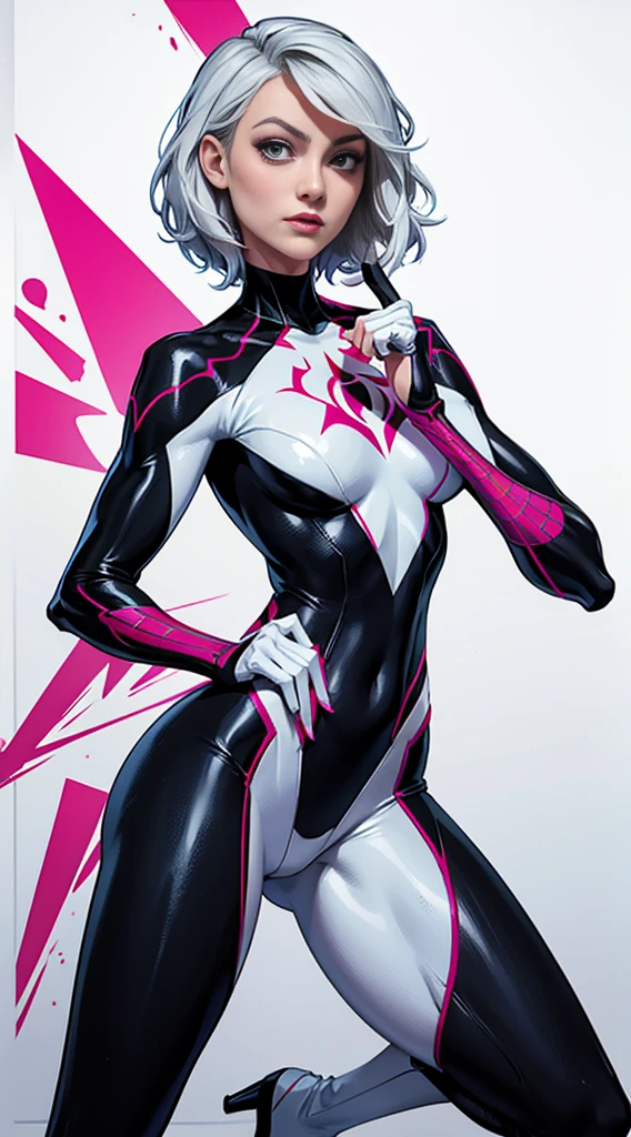 spider gwen, Hotly, partial , high quality, dynamic pose, Beautiful, gorgeousl, in love,Short suit, spider in a suit, white black red suit、Olivia Wilde