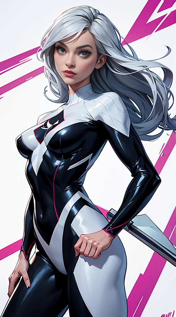 spider gwen, Hotly, partial , high quality, dynamic pose, Beautiful, gorgeousl, in love,Short suit, spider in a suit, white black red suit、Olivia Wilde